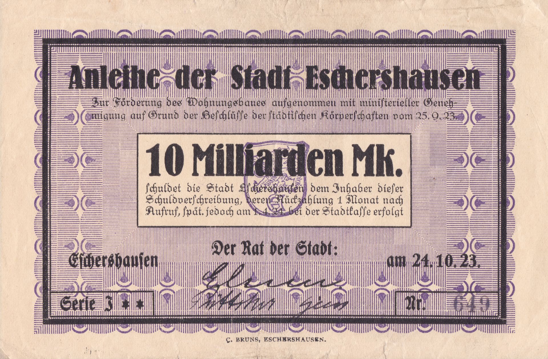 Inflationsgeld der Stadt Eschershausen, Frontseite des 10-Milliarden-Mark-Scheins 1923